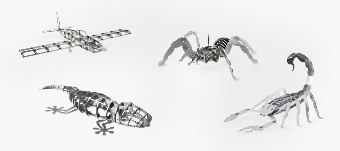 Steckfiguren 3D Puzzle aus Edelstahl, Gecko, Spinne, Skorpion, Flugzeug